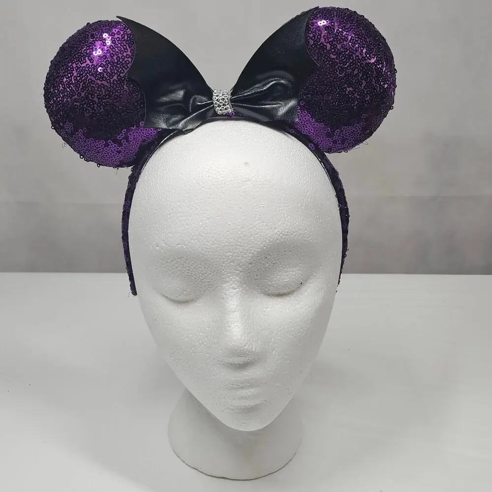 Disney Halloween Minnie Mouse Ears Purple Headband Sequins and Rhinestones - Picture 2 of 8